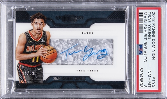 2018-19 Panini Dominion Main Exhibit #TYG Trae Young Signed Rookie Card (#11/49) - PSA NM-MT 8